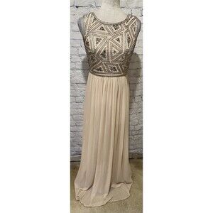 Adrianna Papell Beige Beaded Gown Long Formal Wedding Prom Party Event Size 4